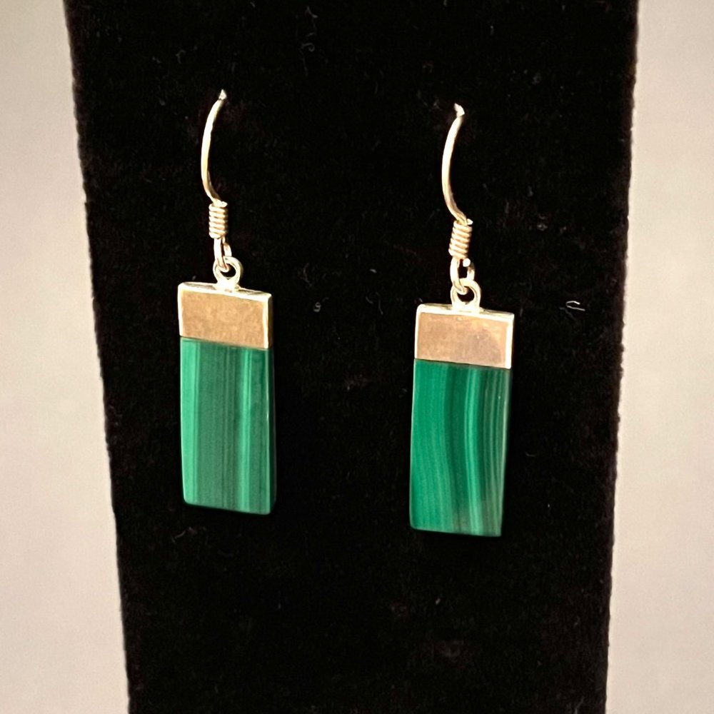 Rectangular Malachite And Sterling Silver Drop Ea… - image 1